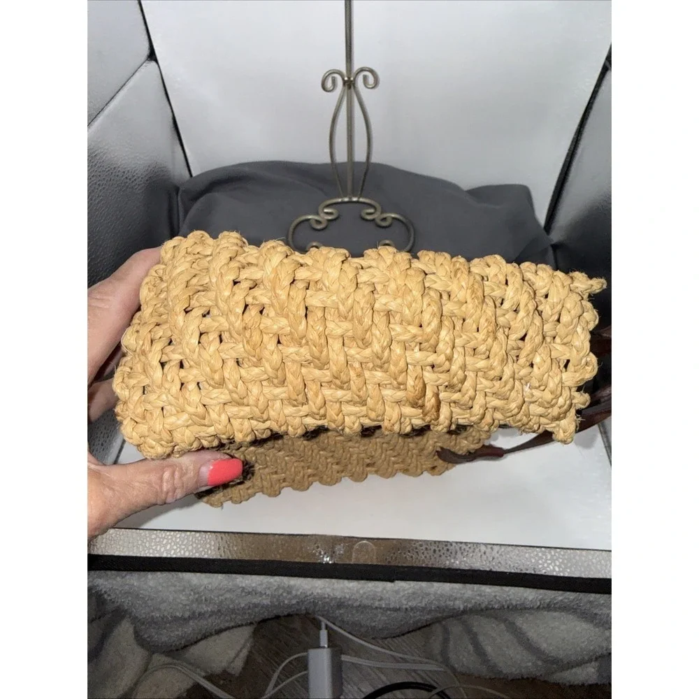 Express Bag Straw Boho Small Tan Animal Print Lining Zipper Closure Summer Purse